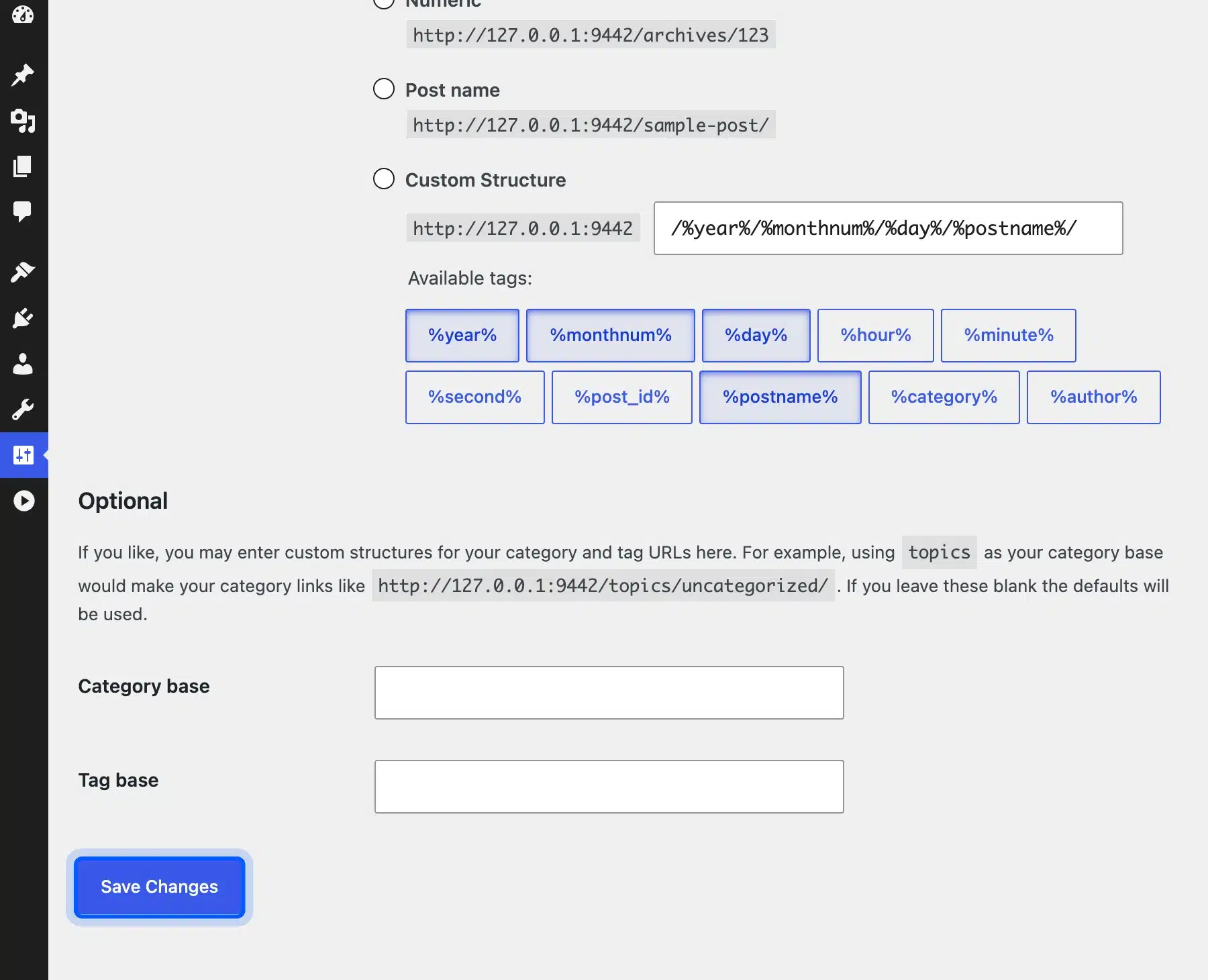 Save Changes button on the WordPress Permalink Settings screen