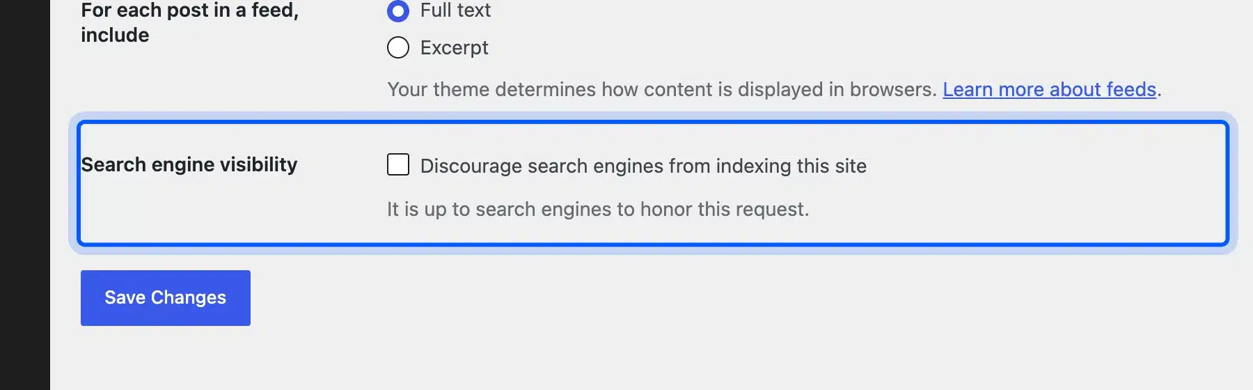 Search engine visibility option on the WordPress Reading Settings screen