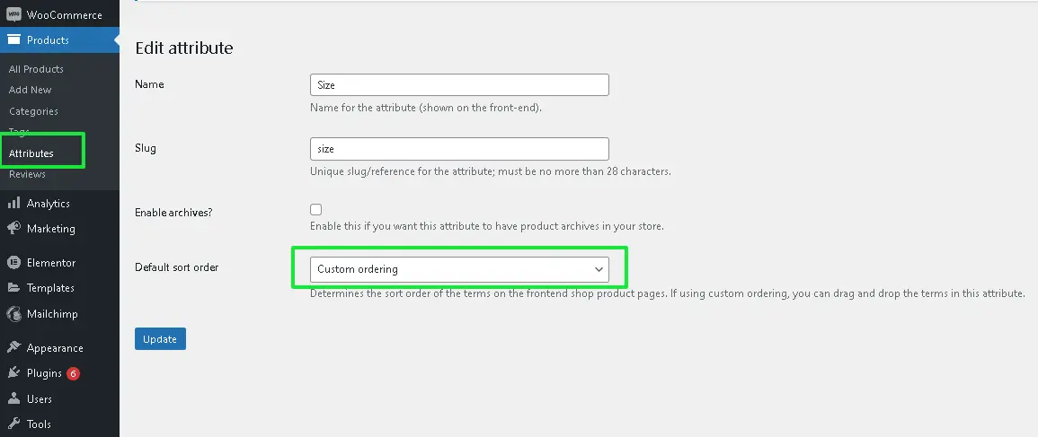 Changing Attribute Order for Variable Products