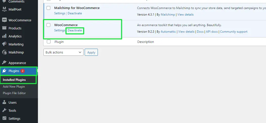 Disable and Delete the WooCommerce Plugin