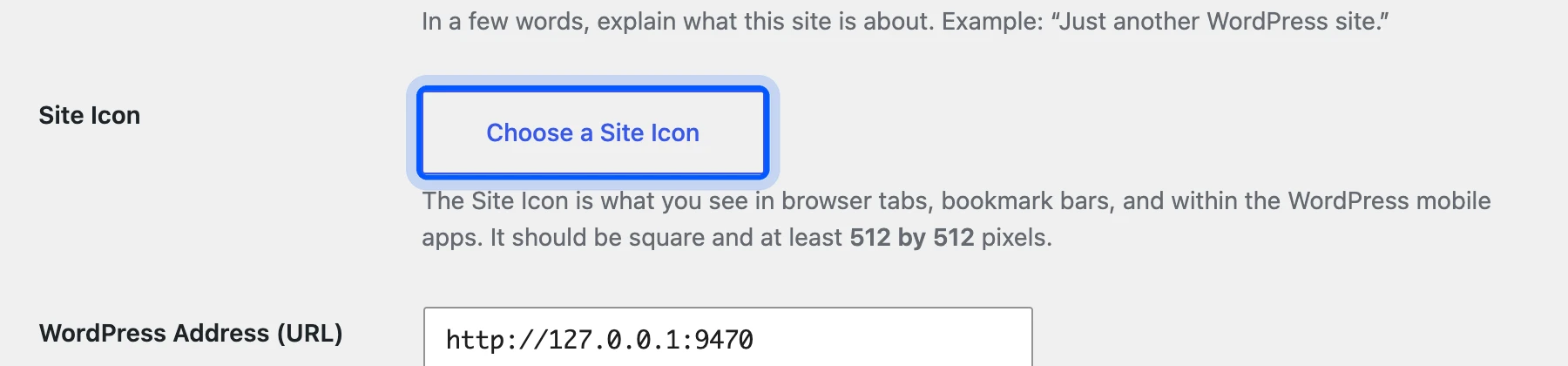 Choose a Site Icon button on the WordPress General Settings screen