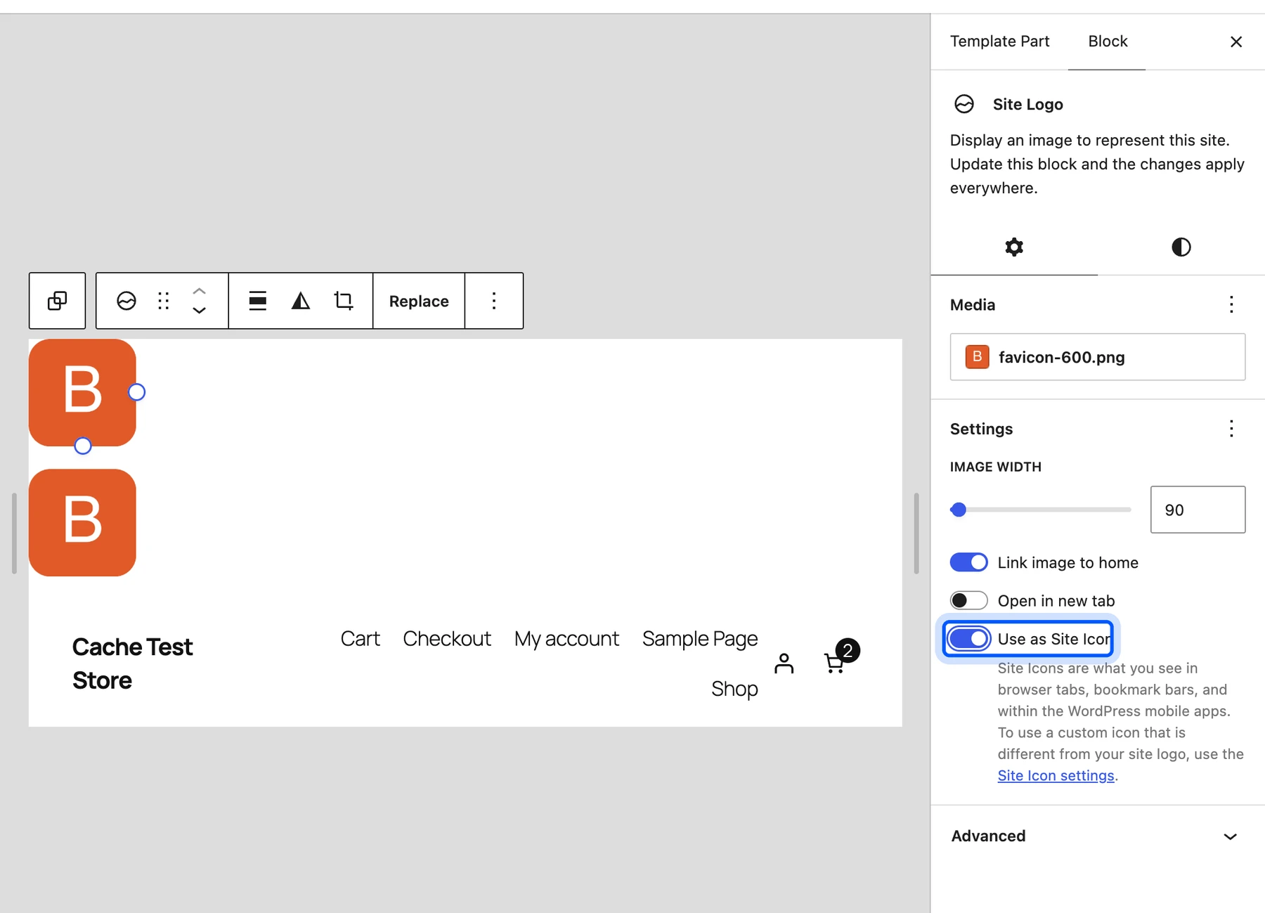 Site Logo block with the Use as Site Icon setting in the Site Editor