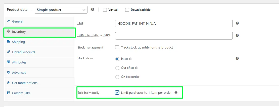 Set the Sold Individually Option to Disable the Quantity Change Option