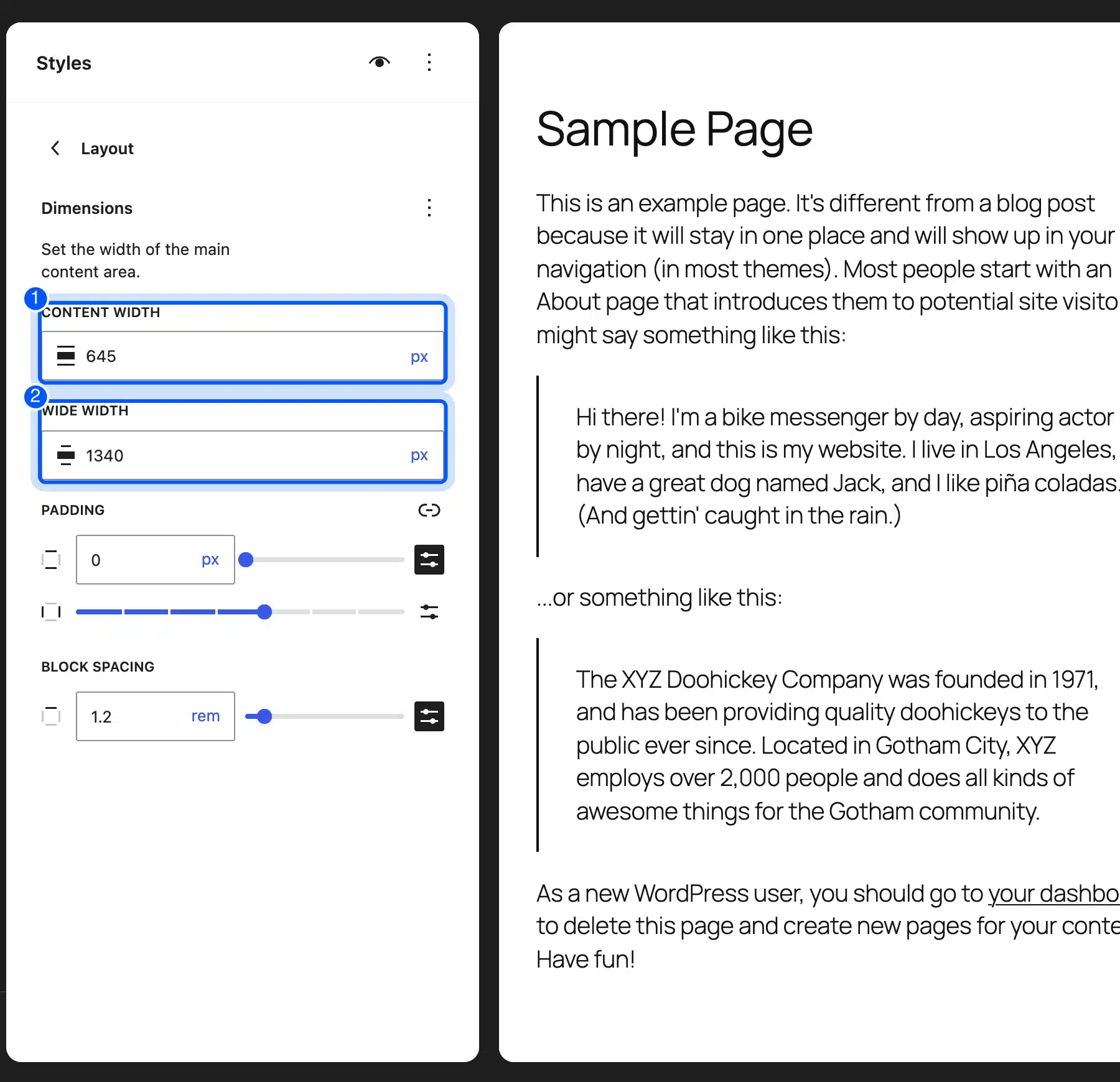 WordPress Styles Layout panel with content width and wide width
