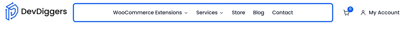 devdiggers.com main menu showing a hierarchical site structure with five top-level items