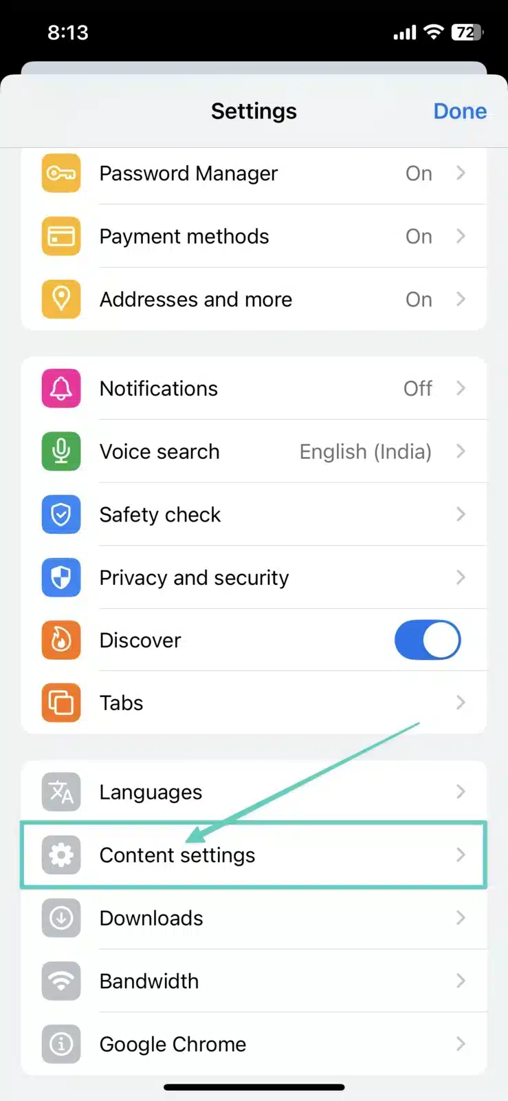Click on Content Settings in Chrome iPhone