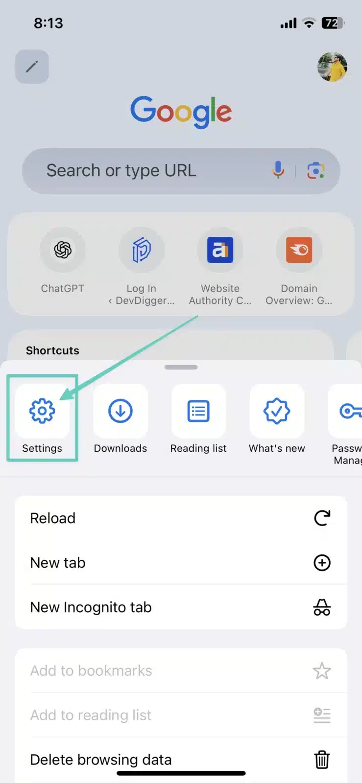 Click on Settings in Chrome iPhone