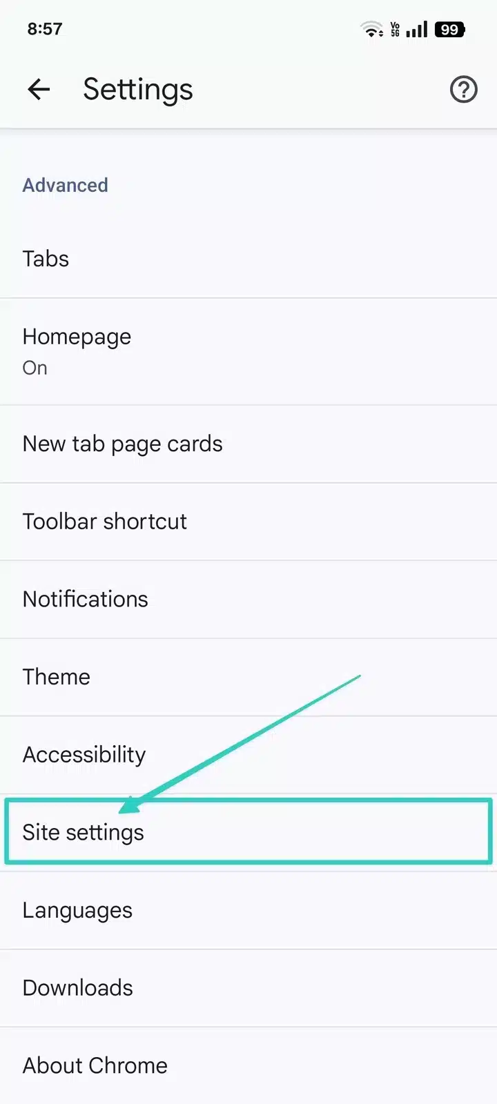 Click on Site Settings in Chrome Android