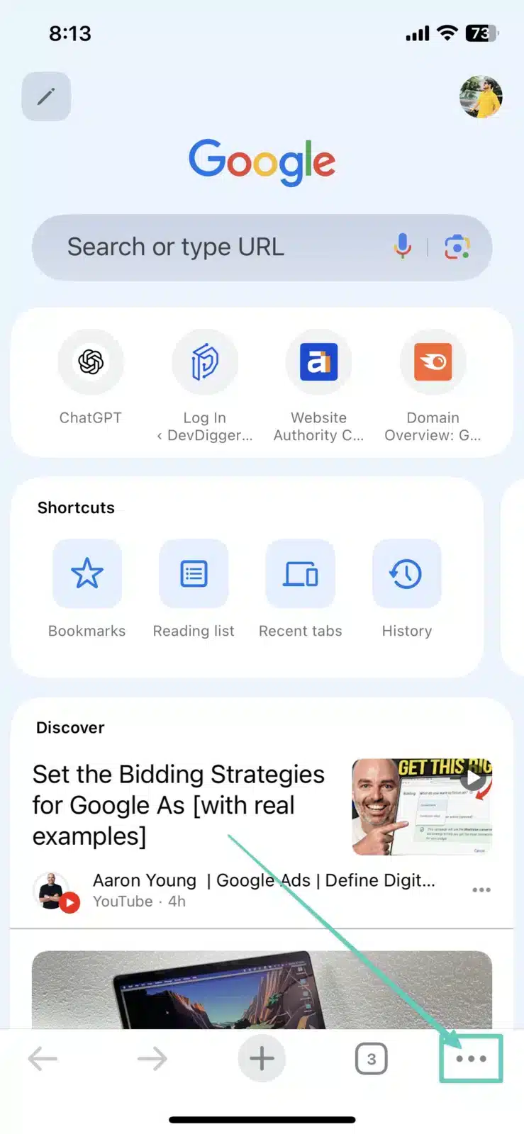 Click on three dots in Chrome iPhone
