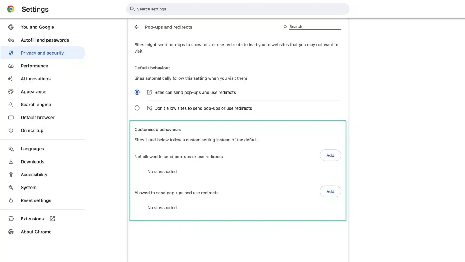 Customised behaviours in  Pop-ups and redirects section in Chrome