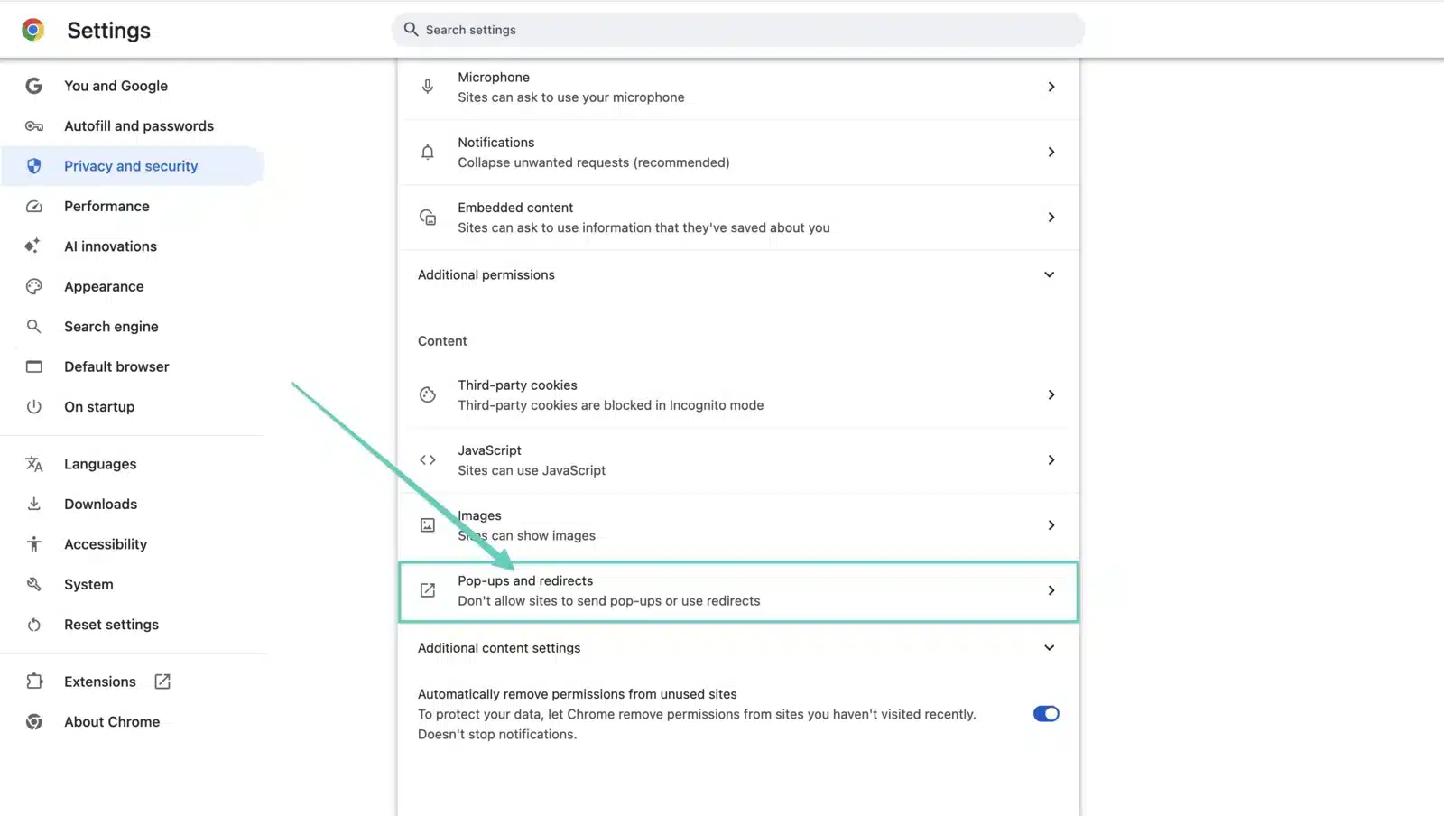 Click on Pop-ups and redirects in Chrome Settings