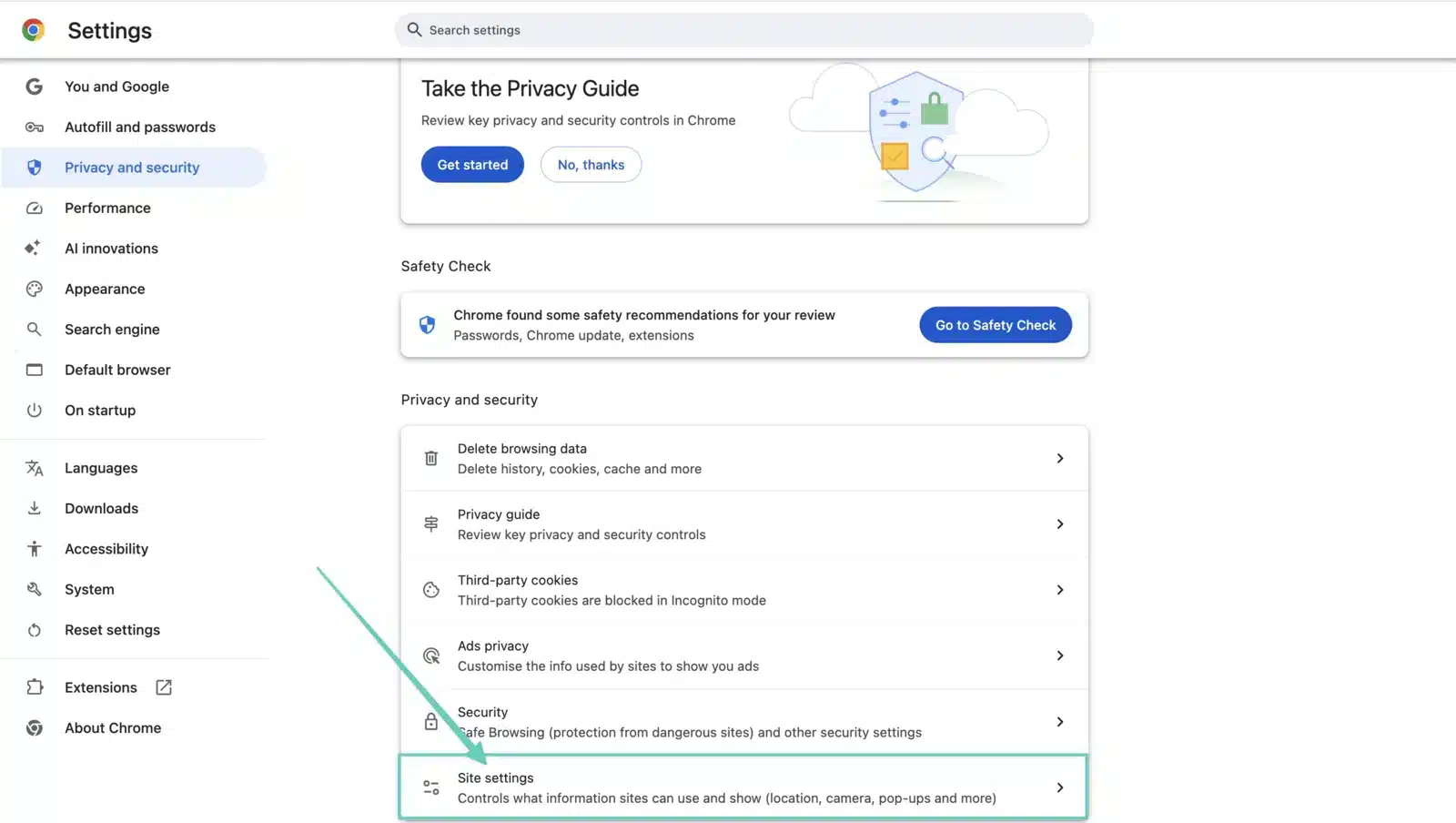 Click on Site settings in Chrome Settings