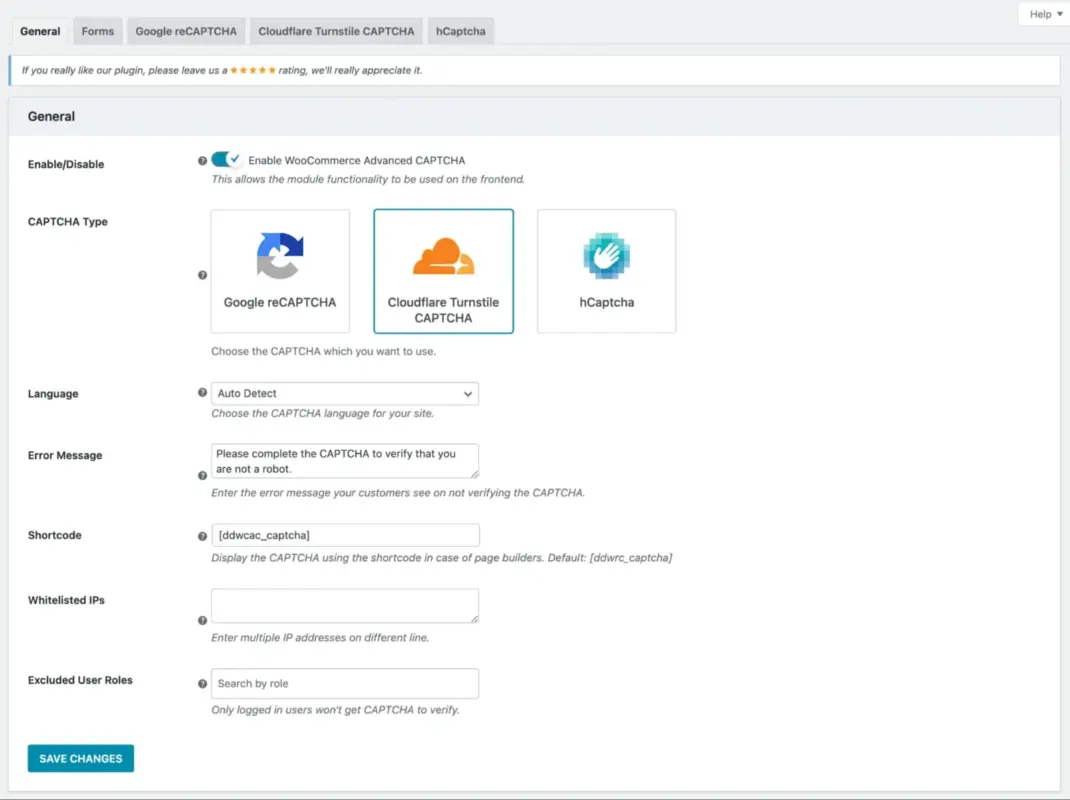Under CAPTCHA Type, Select Cloudflare Turnstile CAPTCHA