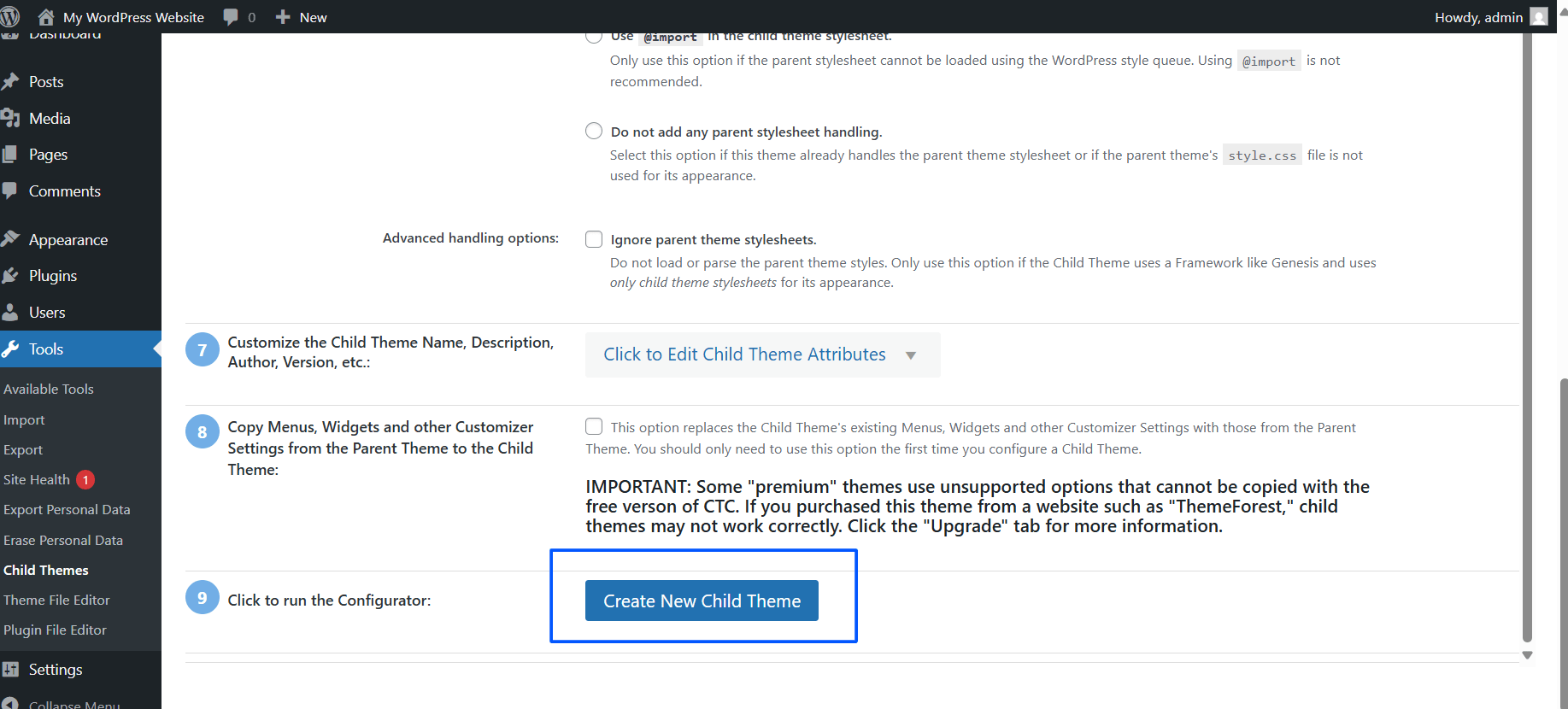 Click Create New Child Theme