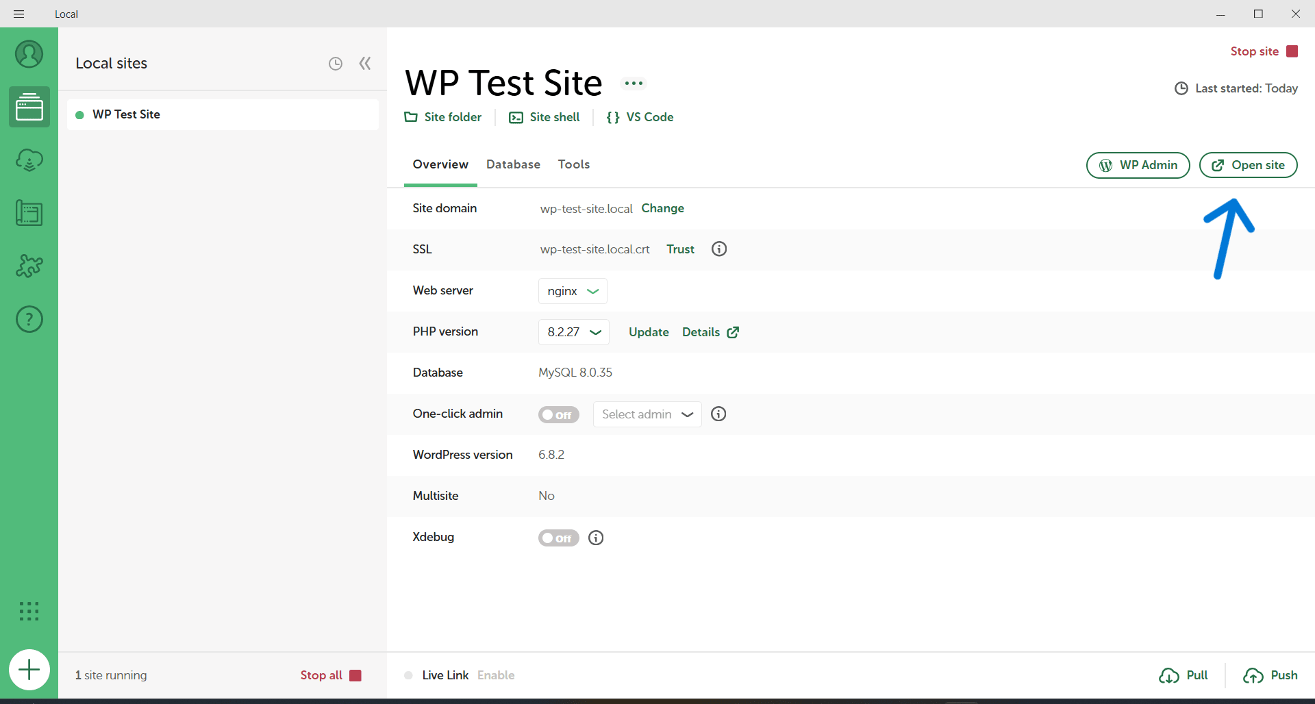 Click "Open Site" to visit your front-end site