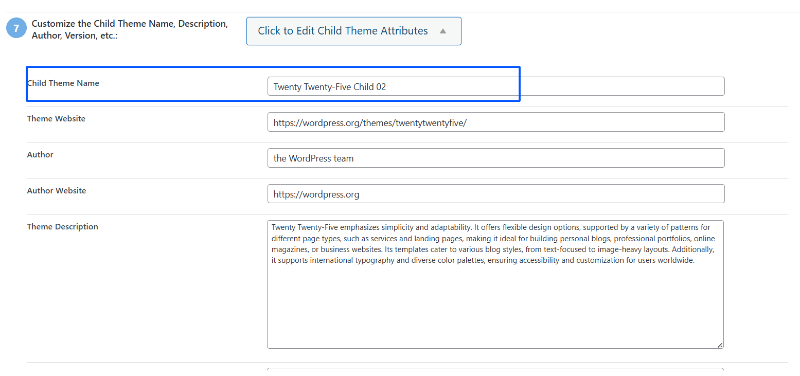 Click to Edit Child Theme Attributes