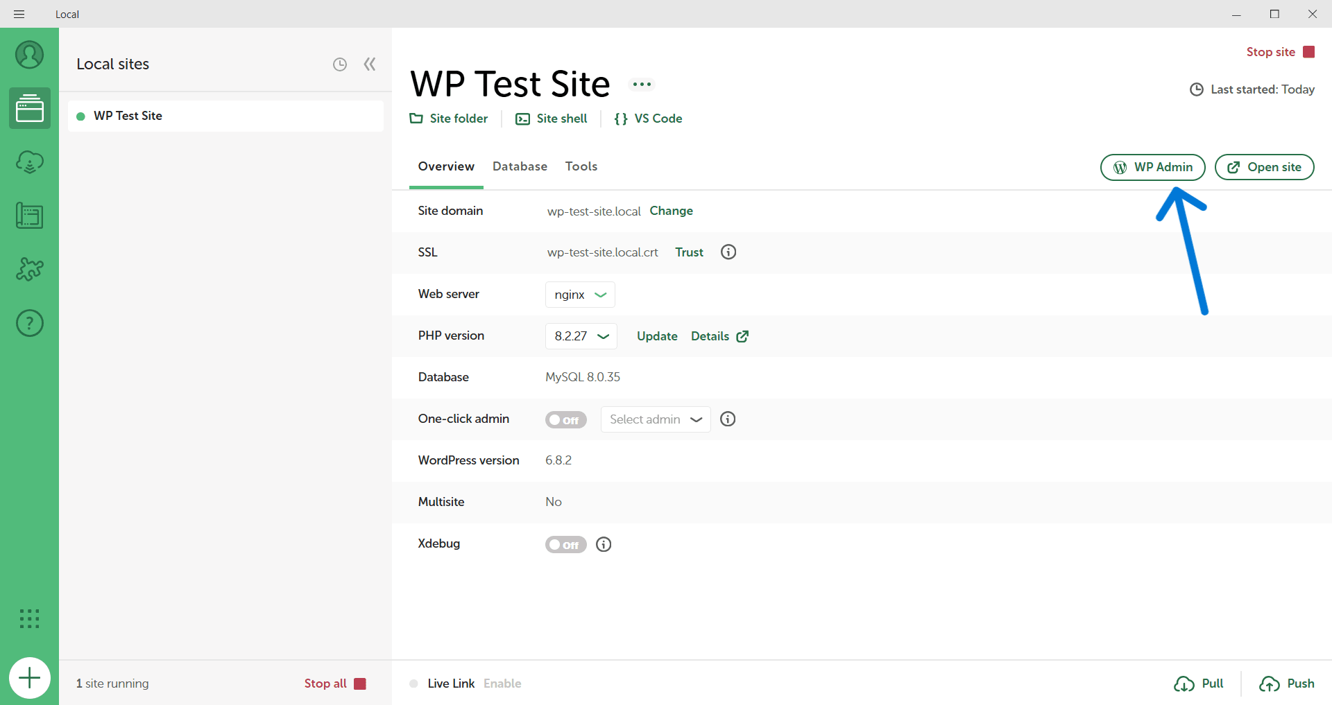 Click "WP Admin" to log into the backend 