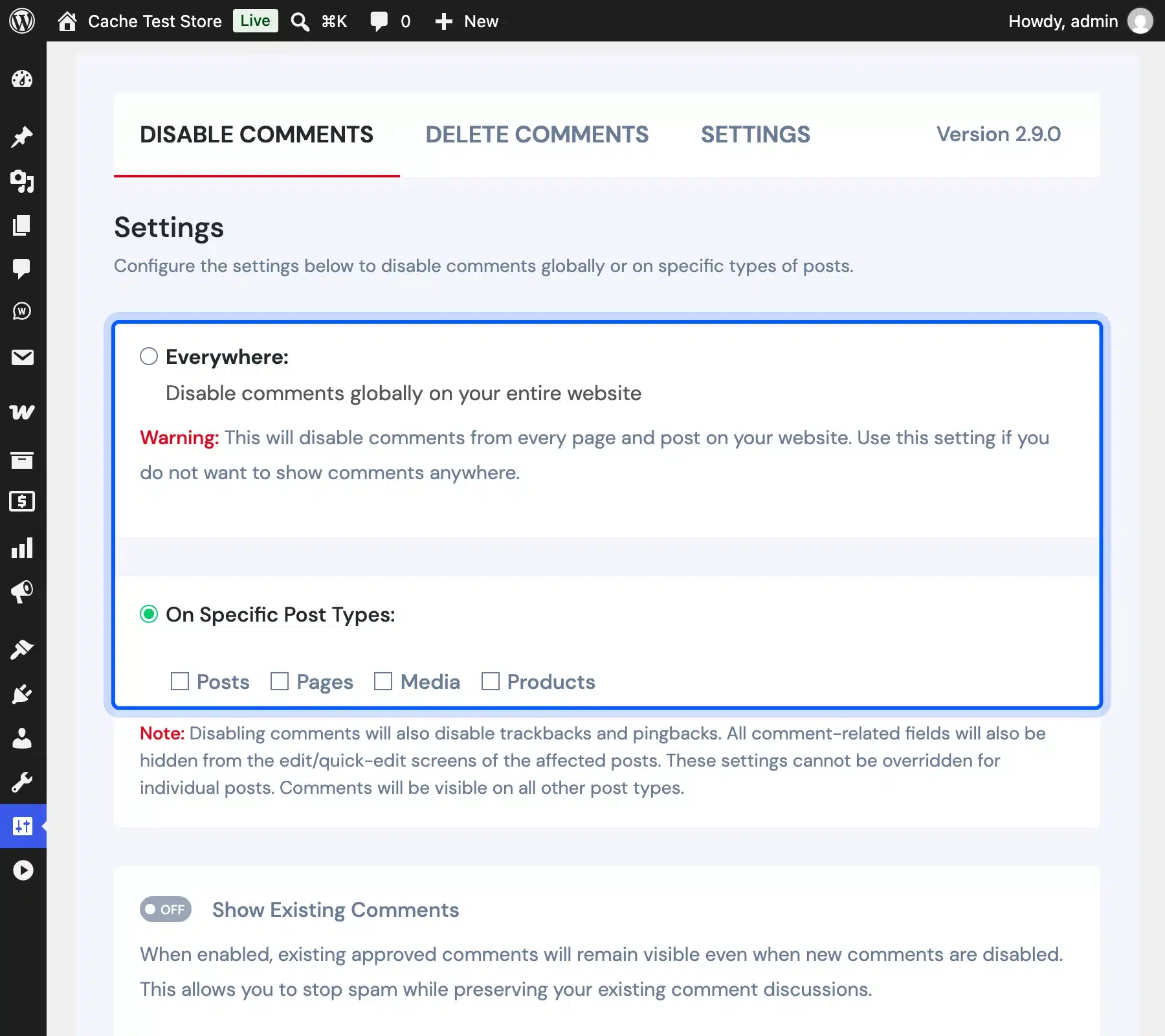 Disable Comments plugin settings in WordPress