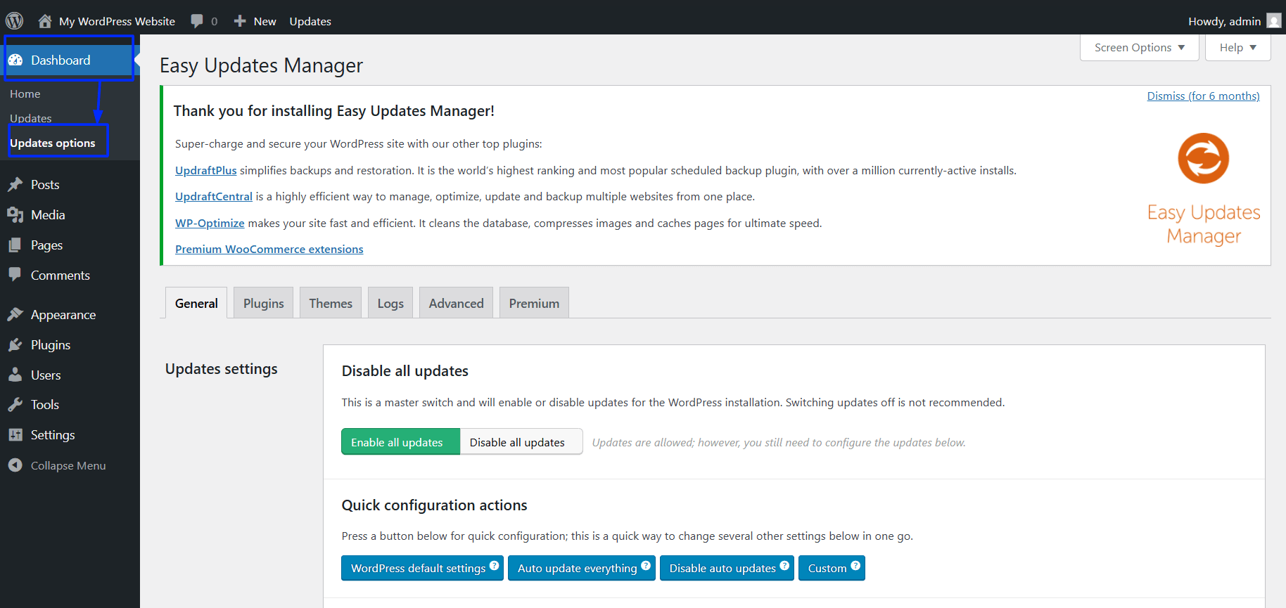Go to Dashboard then Updates Options