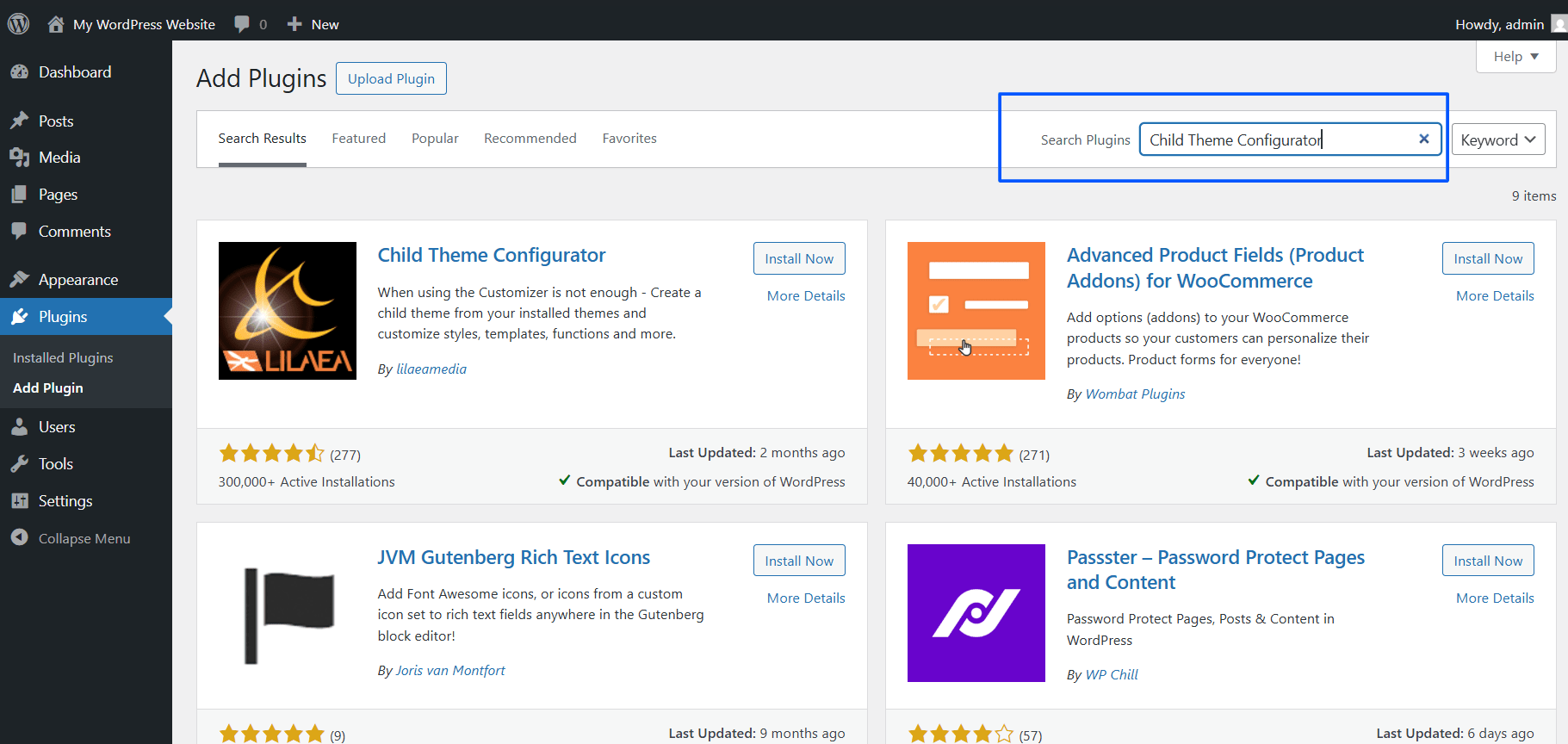Search for Child Theme Configurator