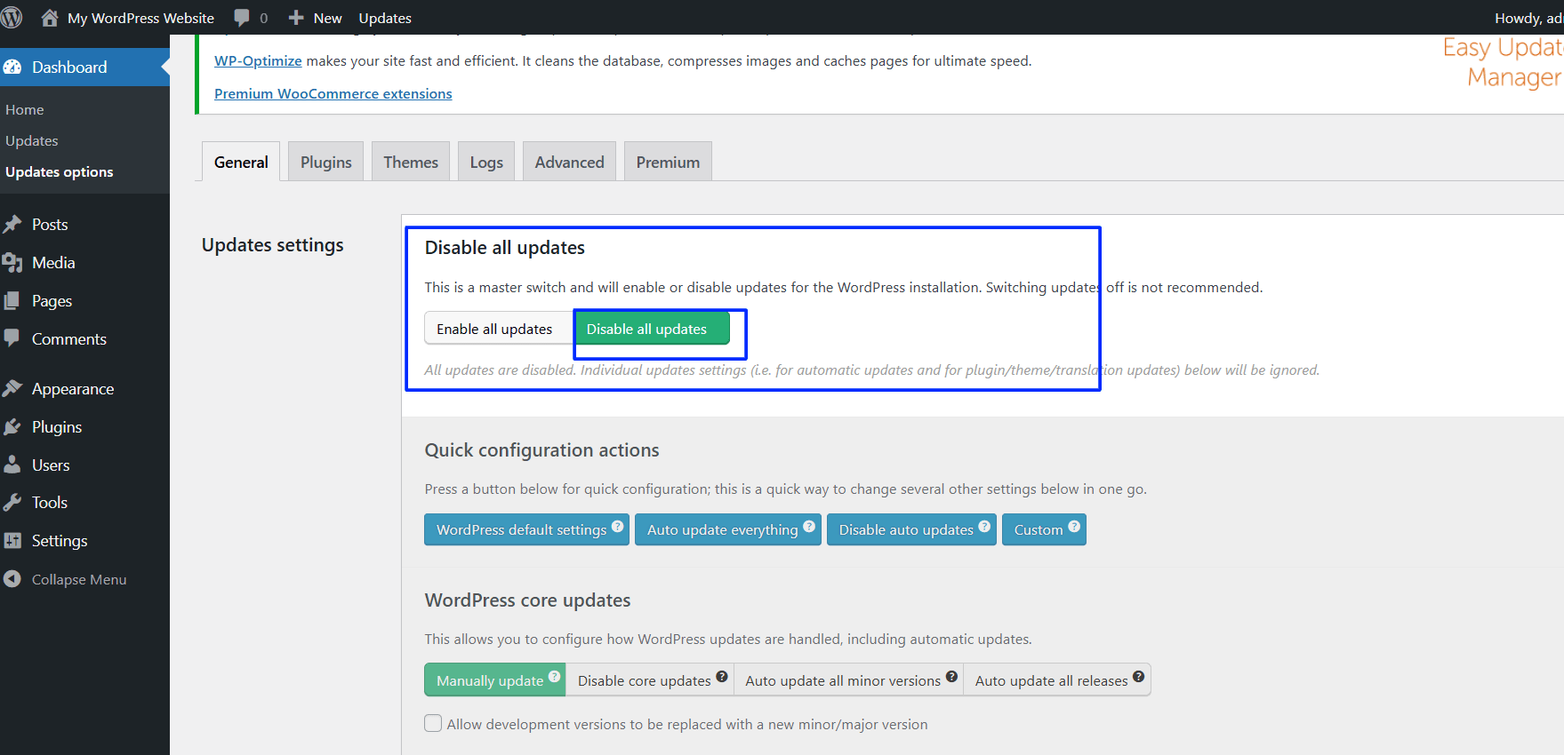Toggle to Disable all updates