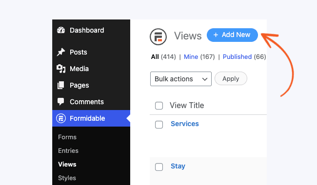 Go to Formidable then Views then Add New