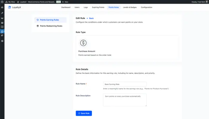 Add WooCommerce points earning rule page screenshot
