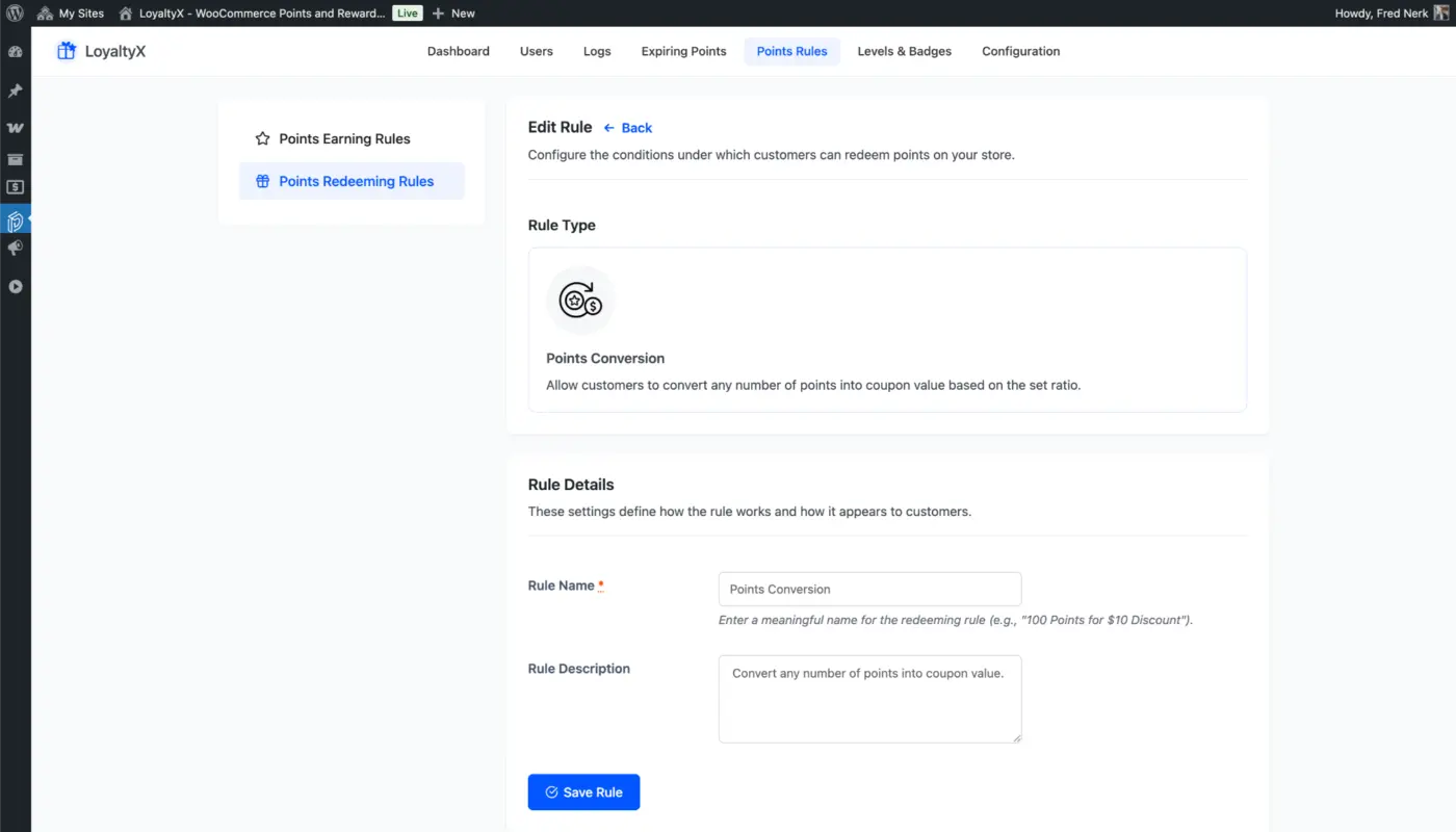 Add Points Redeeming Rule Page Screenshot