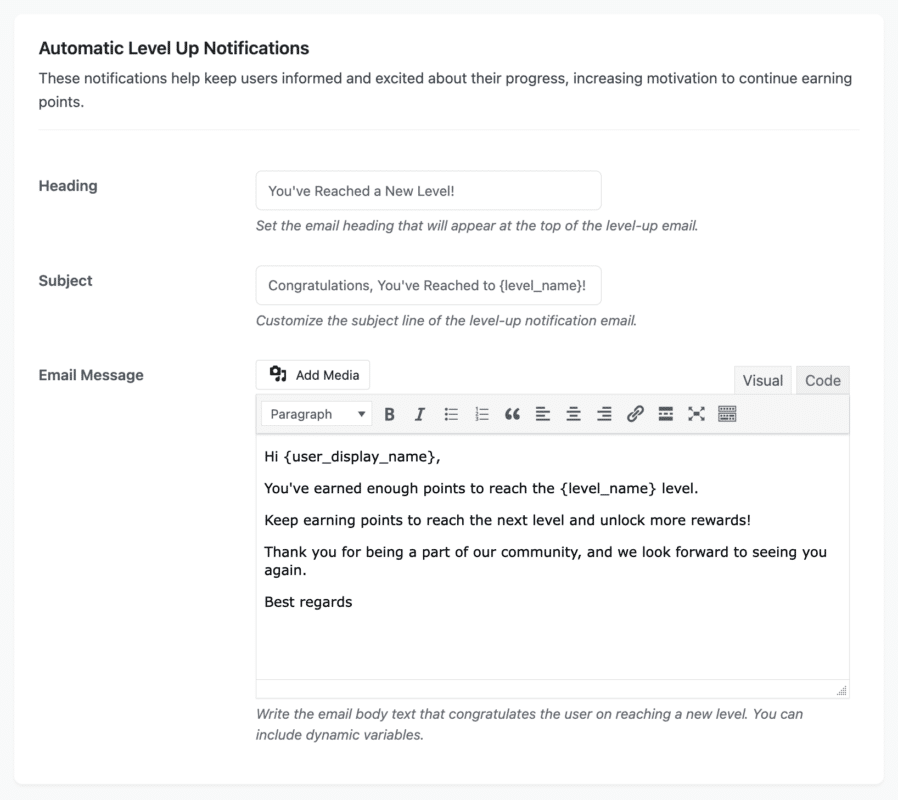 Automatic Level Up Email Configuration