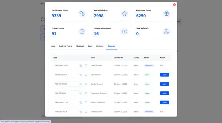 Choose rewards from the cart page screenshot