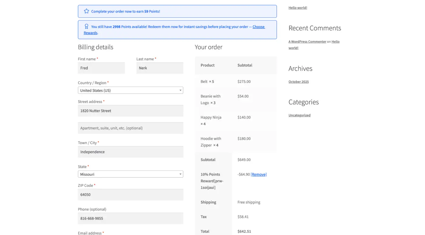 Checkout Page Points Message Screenshot