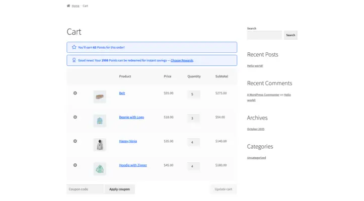 WooCommerce points message in the cart page screenshot