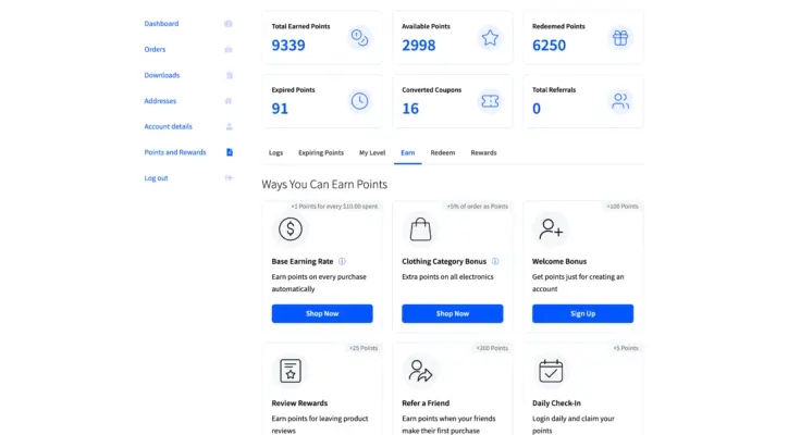 Points earning cards in the customer dashboard screenshot