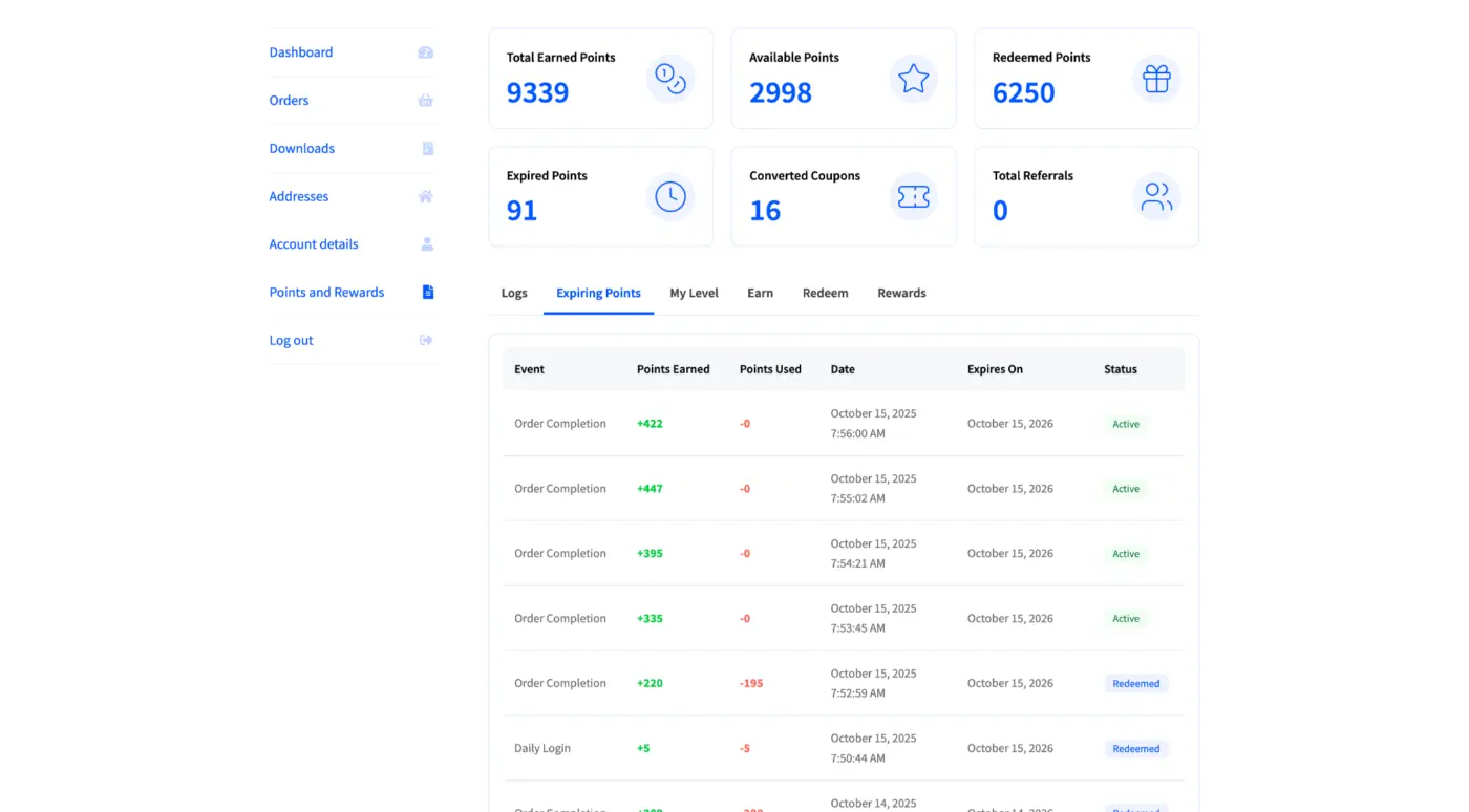 Customer Dashboard Expiring Points Screenshot