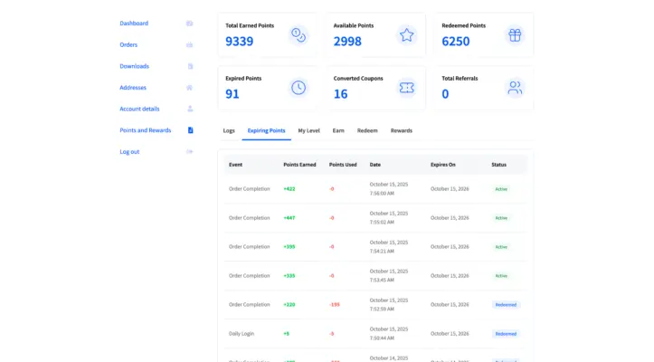 Expiring points in the customer dashboard screenshot