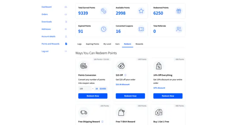 Redeeming cards in the customer dashboard screenshot