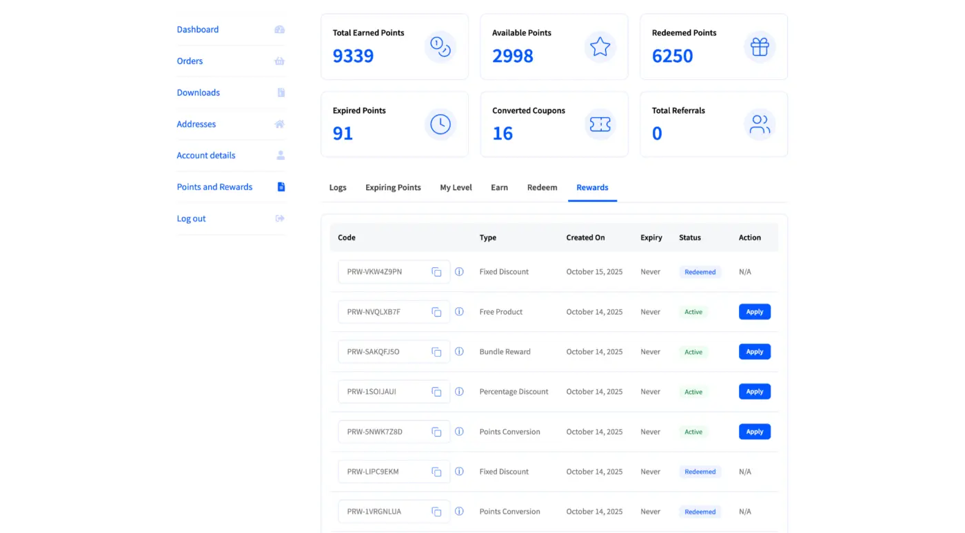 Rewards in Customer Dashboard Screenshot