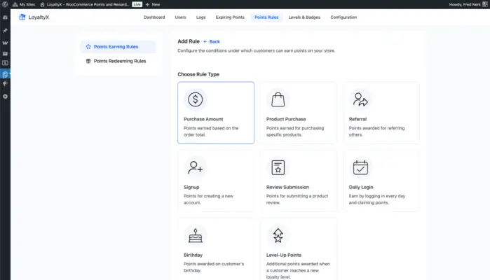 WooCommerce points earning rules screenshot