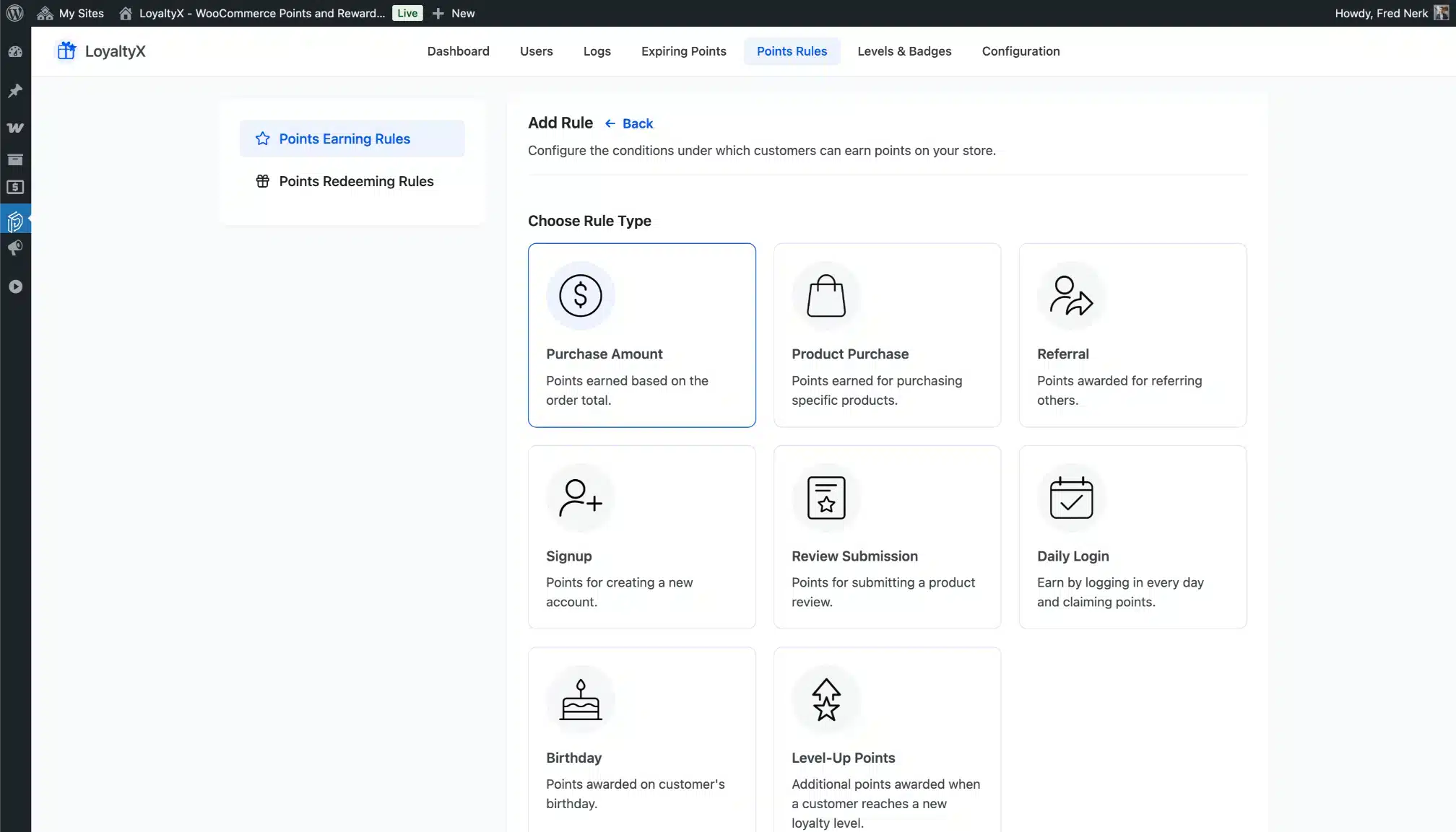 WooCommerce points earning rules screenshot