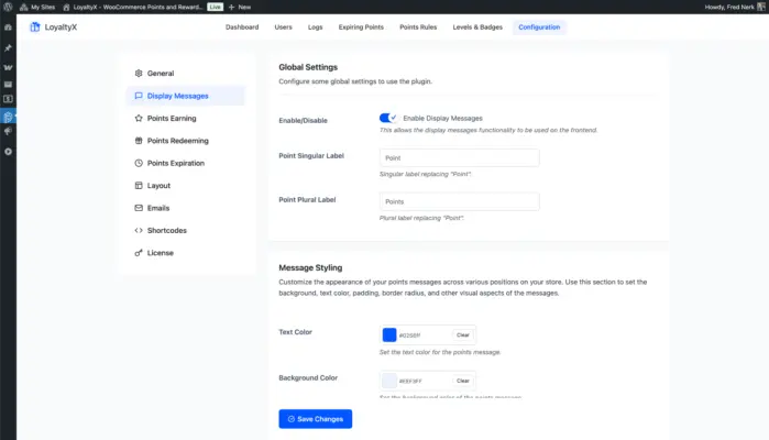 Display messages configuration in points and rewards for WooCommerce plugin screenshot