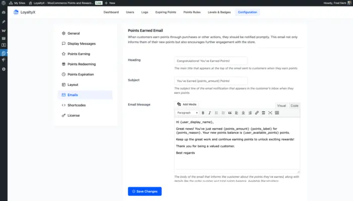 WooCommerce points and rewards emails configuration screenshot