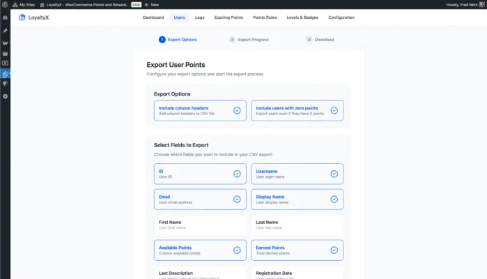 Export user points in the WooCommerce rewards plugin screenshot