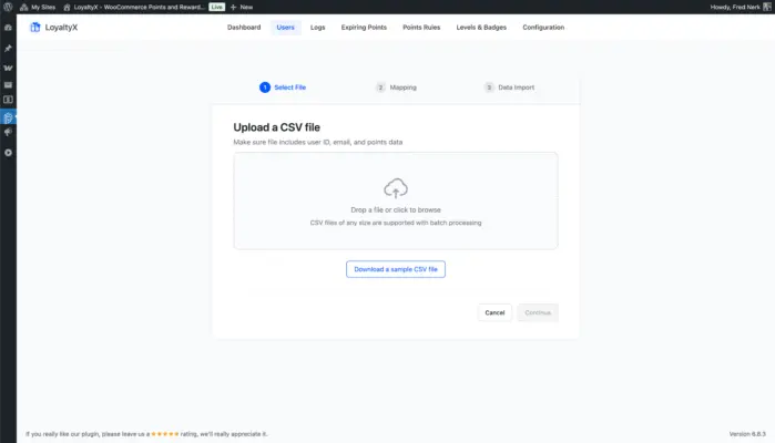 Import user points using a CSV file in the LoyaltyX plugin screenshot
