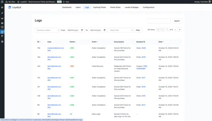 WooCommerce rewards plugin logs at the admin end screenshot