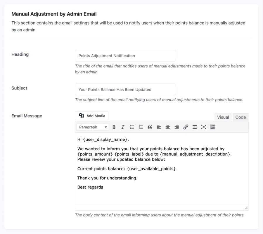 Manual Adjustment by Admin Email Configuration