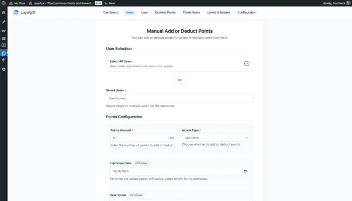 WooCommerce points adjustment page screenshot