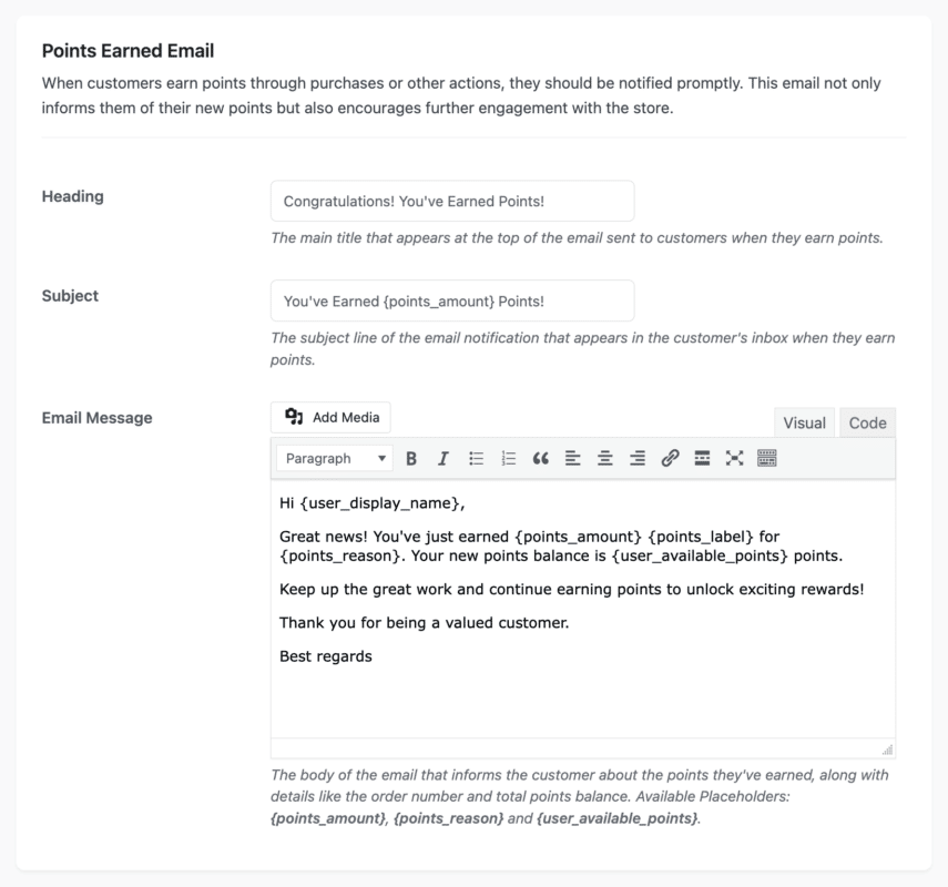 Points Earned Email Configuration
