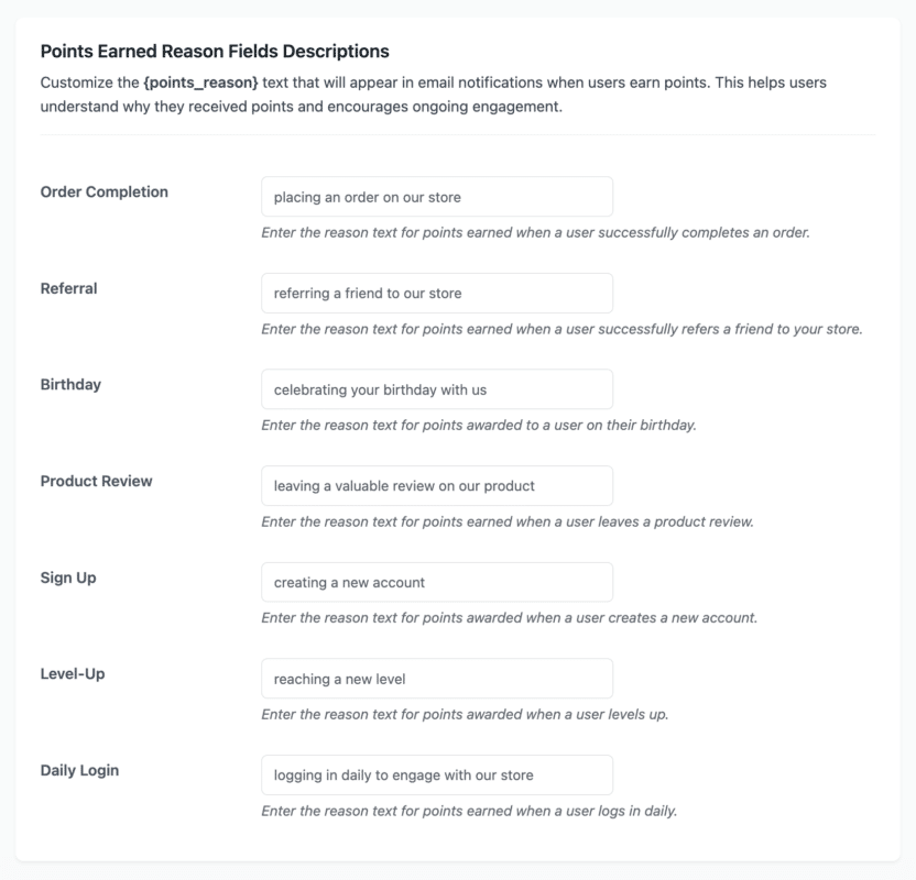 Points Earned Reason Fields Descriptions Configuration