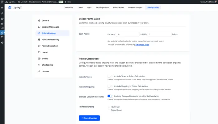 WooCommerce points earning configuration screenshot