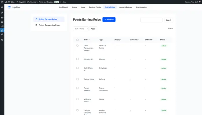 WooCommerce points earning rules list page screenshot